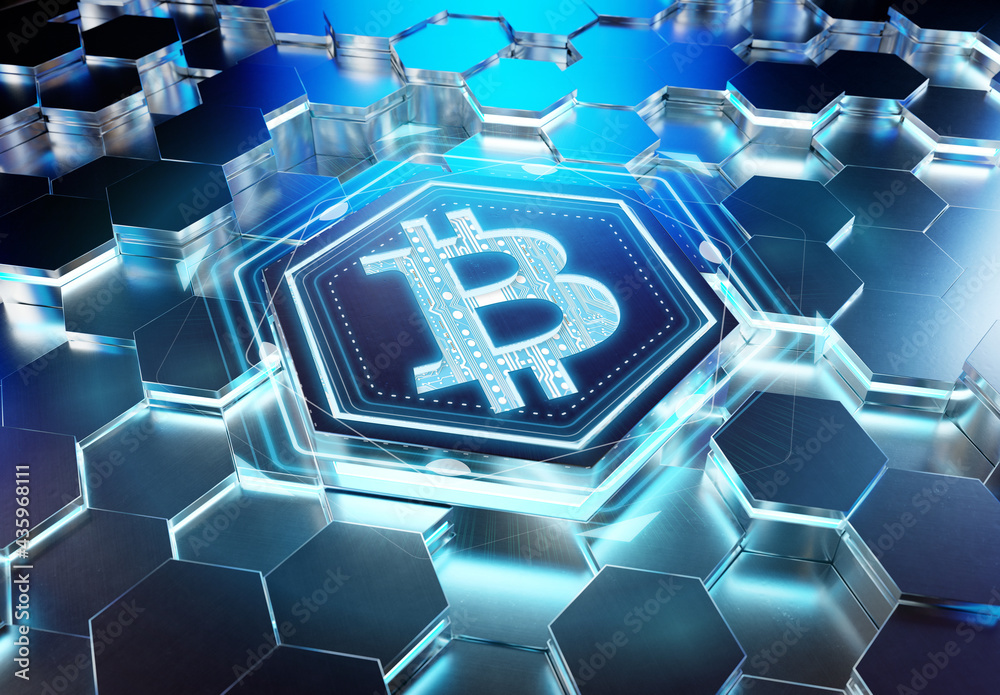 Poster Bitcoin icon creativity concept engraved on metal hexagonal pedestral background. Crypto currency symbol glowing on abstract digital surface. 3d rendering