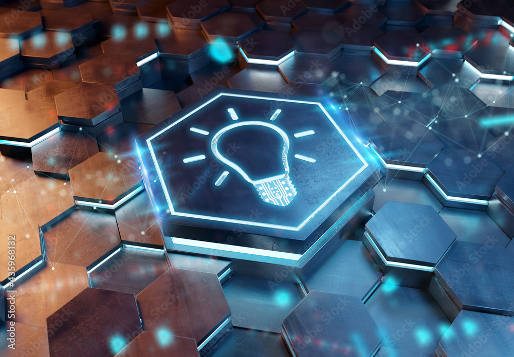 Aufkleber Lightbulb icon creativity concept engraved on metal hexagonal pedestral background. Innovation symbol glowing on abstract digital surface. 3d rendering