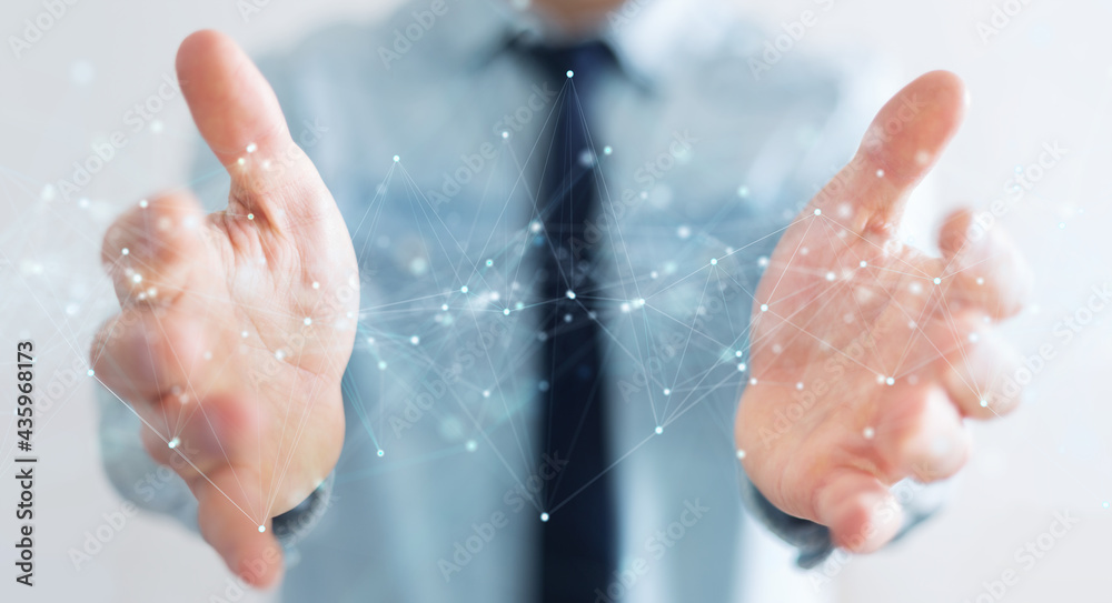 Fototapete Businessman using floating digital network connections with dots and lines 3D rendering
