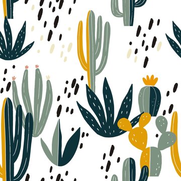 Hand drawn desert cactus vector seamless pattern.  Fresh summer vector print for home decor