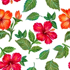 Fototapete Tropische Pflanzen Handmalerei nahtlose Hintergrundmuster inspiriert von tropischen Zimmerpflanzen Hibiskusblüten