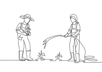 Fototapeta na wymiar Single continuous line drawing couple farmer watering the plants using a hose and planting new plants. Farmer planting activities concept. Dynamic one line draw graphic design vector illustration.