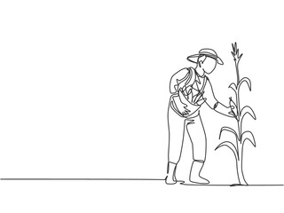 Single one line drawing of young male farmer picking the corn on the tree. Professional farmer. Farming challenge minimalist concept. Modern continuous line draw design graphic vector illustration.