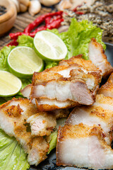Delicious and crispy Samcan Goreng or Fried Pork Belly from medan - north sumatra
