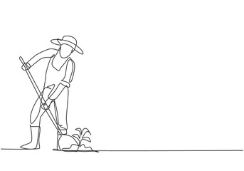 Single one line drawing of young male farmer shoveled the soil with the plants using a shovel. Farming challenge minimalist concept. Modern continuous line draw design graphic vector illustration.