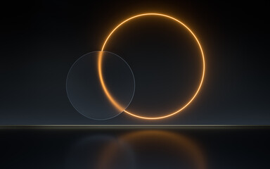 Neon light and frosted glass with black background indoor, 3d rendering.