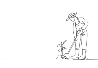 Single continuous line drawing young female farmer shoveled the soil with the plants using a shovel. Farming challenge minimalist concept. Dynamic one line draw graphic design vector illustration.