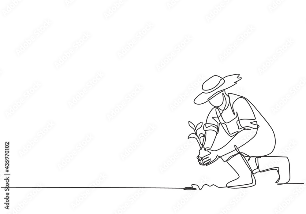 Wall mural single continuous line drawing young male farmer planting plant shoots in the ground. start the plan - Wall murals