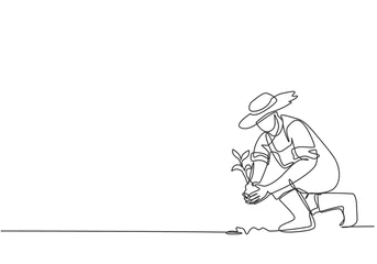 Photo sur Plexiglas Une ligne Une seule ligne continue dessinant un jeune agriculteur plantant des pousses de plantes dans le sol. Commencez la période de plantation. Concept de métaphore du minimalisme. Illustration vectorielle de dessin graphique dynamique à une ligne.