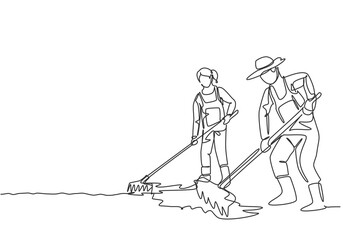 Single one line drawing of couple farmer leveling the ground using a rake. Start a new planting season. Farming challenge minimal concept. Continuous line draw design graphic vector illustration.