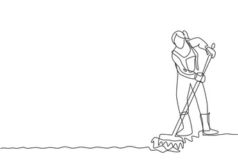 Single continuous line drawing young female farmer leveling the ground using a rake. Start a new planting season. Farming minimalism concept. Dynamic one line draw graphic design vector illustration.