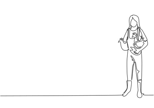 recommend clip art: Single one line drawing of young female farmer carried the chicken with both hands to return to the coop. Farming challenge minimal concept. Continuous line draw design graphic vector illustration.