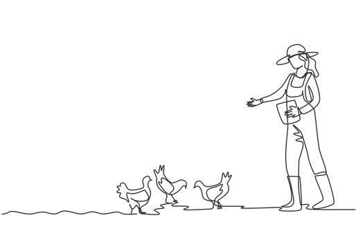 Single one line drawing of young female farmer is feeding the chickens with chicken feed. Farming challenge activities minimal concept. Modern continuous line draw design graphic vector illustration.