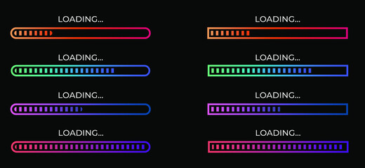 Set of download progress icons, speed indicator showing the status of file download from the Internet. Application interface button template for games, sites. Vector illustration