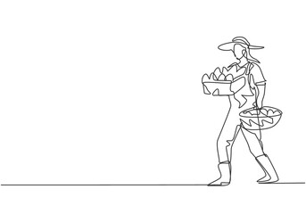 Continuous one line drawing young female farmer carrying boxes and baskets of fruit in her right and left hands. Success farming minimalist concept. Single line draw design vector graphic illustration