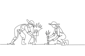 Single one line drawing of couple farmer was harvesting rice and there was also rice that had been tied up. Farming challenge minimal concept. Continuous line draw design graphic vector illustration.