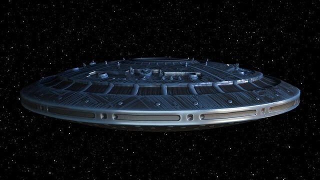 Fantastic combat dreadnought approaching planet. Planetary 3d render destroyer preparing for siege and invasion star system. Round ship scout for exploration depths unknown space.