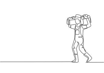 Single one line drawing of young male farmer shouldered the box and basket of fruit on his shoulders. Farming challenge minimal concept. Modern continuous line draw design graphic vector illustration.