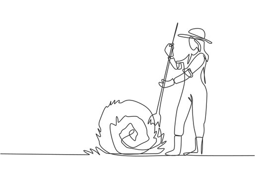 recommend clip art: Single continuous line drawing young female farmer was stabbing a haystack and rolling it up with a straw stick. Farming minimalism concept. Dynamic one line draw graphic design vector illustration.