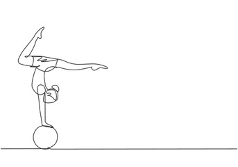Single one line drawing a female acrobat performs a hand stand on a circus ball while performing a beautiful leg dance. Need dexterity to do it. Continuous line draw design graphic vector illustration