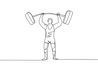 Continuous one line drawing the strongman raised the curved barbell with his two hands. His muscles were clearly visible to the circus audience Single line draw design vector graphic illustration.
