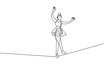 Single one line drawing a female acrobat walking on a rope while dancing and raising her hands. This attraction requires courage and agility. Continuous line draw design graphic vector illustration. - obrazy, fototapety, plakaty