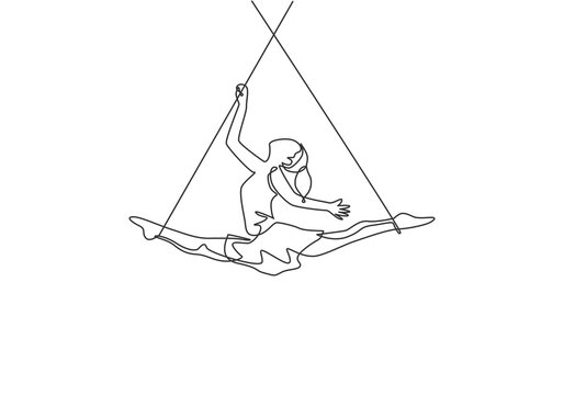 Single continuous line drawing a female acrobat performs on the trapeze while dancing and spreading her legs apart. It takes courage and risks. Dynamic one line draw graphic design vector illustration