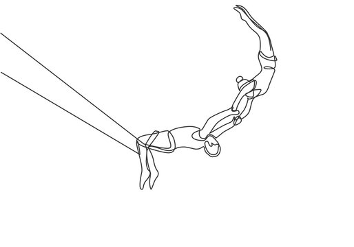 Single one line drawing two acrobatic players in action on a trapeze with a male player hanging from his two legs while catching a female player. One line draw design graphic vector illustration.