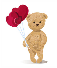 Cute teddy bear with balls, hearts, vintage toy for cards, congratulations, design. Vector illustration.