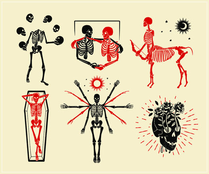 Collection of skeletons logos for t-shirt and denim. Juggler, The Vitruvian Skeleton, Skull with roses, Centaur, Skeletons friends. Vector illustration.