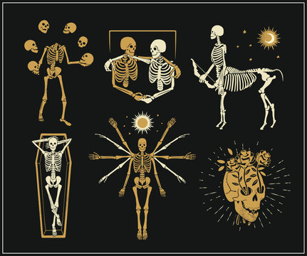 Collection of skeletons logos for t-shirt and denim. Juggler, The Vitruvian Skeleton, Skull with roses, Centaur, Skeletons friends. Vector illustration.