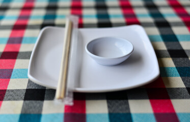 Chopsticks and empty sushi plate. Asian restaurant dishes vector mockup. 