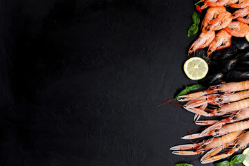 Norway Lobster or langoustineon a dark rustic background. Nephrops norvegicus, Dublin Bay prawn, langostino or scampi close up