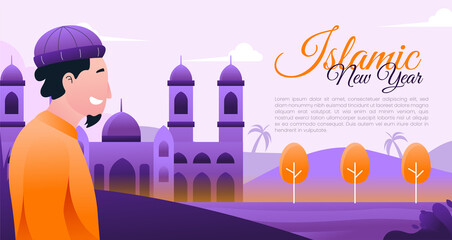 Islamic new year vector illustration with a man wearing a cap and mosque background