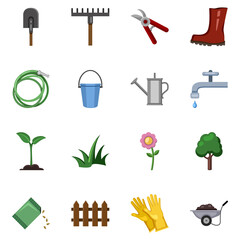 Vector Set of Garden Icons. Gardening Tools and Plants