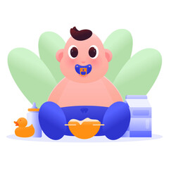 Vector illustration of a baby sitting on a squeeze with duck toys and milk on the side