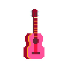 Guitar musical instrument pixel art icon. Isolated vector illustration. 8-bit sprite. Design stickers, logo, mobile app and web.

