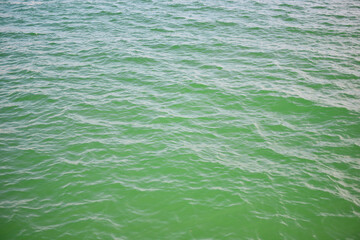 Turquoise water surface aerial view, green sea surface in windy day forming many little waves reflecting the sun.

