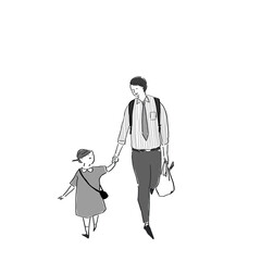 手をつないだ子供（女の子）と男性（父親）、家族