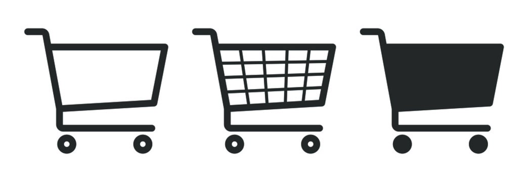 Shopping cart icon symbol. Flat shape trolley web store button. Online shop logo sign. Vector illustration image. Black silhouette isolated on white background.