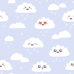 Obraz premium Seamless pattern with cute kawaii clouds. Simple cloud happy characters with snowflakes on purple background. Vector seamless design