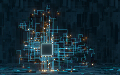 Circuit lines and chip with black background, 3d rendering.