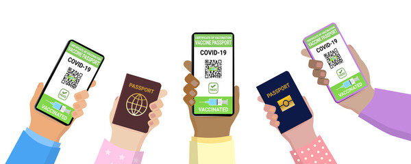 Group of Hands show Mobile phone Vaccination Passport Travel Bubble International Worldwide on smartphone device using for digital health tourist guarantee covid-19 Coronavirus Immunization vaccinated