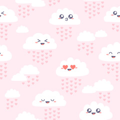 Seamless pattern with cute kawaii clouds. Simple drawing with cloud character and tiny pink hearts intead of rain drops. Vector design