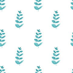 Seamless pattern with turquoise eucalyptus on white isolated background. Botanical wedding leaf print