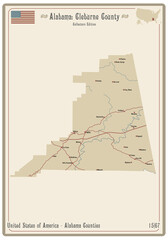 Map on an old playing card of Cleburne county in Alabama, USA.
