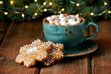 Christmas Gingerbread cookies and  hot drink  with  marshmallows
