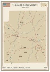 Map on an old playing card of Coffee county in Alabama, USA.