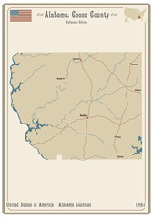 Map on an old playing card of Coosa, county in Alabama, USA.