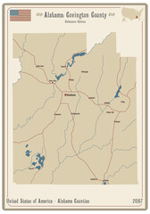 Map on an old playing card of Covington county in Alabama, USA.